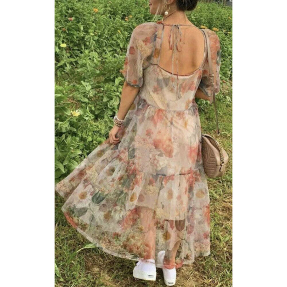 H&M Floral Puff Sleeve Organza Midi Dress Blogger Favorite Size S - Picture 2 of 5